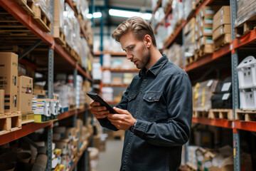 A male worker using a tablet to check or scan inventory in a well-stocked warehouse