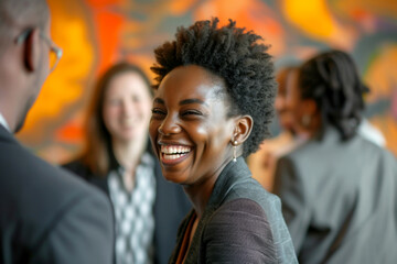 An African businesswoman sharing a laugh with a group of professionals at a casual gathering, during a conference break, a networking event - obrazy, fototapety, plakaty