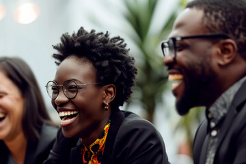 An African businesswoman sharing a laugh with a group of professionals at a casual gathering, during a conference break, a networking event