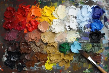 Mixed oil paints in various colors on a transparent palette