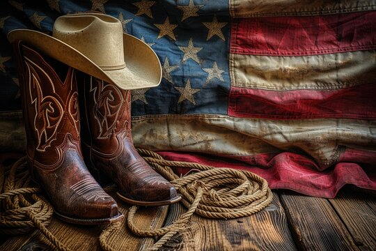 Old shabby cowboy boots hat and lasso on wooden and USA flag backdrop