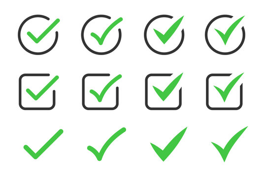 Check Mark Icon Button Set. Check Box Icon With Right Or Correct Buttons And Yes Checkmark Icons In Green Tick Box - Checkbox Symbol Sign. Check Mark Box Square Frame. Vector Illustration