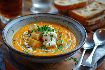 Pumpkin carrot soup with herbs cream and crusty bread