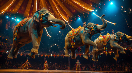 A circus tent where performers ride on the backs of flying elephants, soaring through the air with grace and majesty.