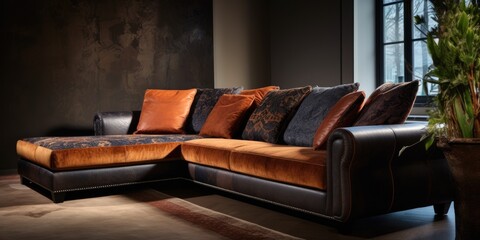 Corner sofa made of leather and fabric.