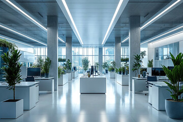 Spacious and bright contemporary office workspace with greenery.