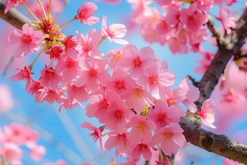Pink cherry blossoms in full bloom on blue sky Tokyo Sakura clustered on a branch