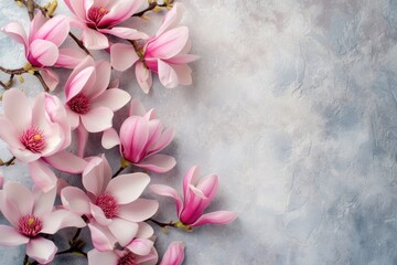 Pink magnolia flowers on stone textured background Top view flat lay copy space Simple spring...