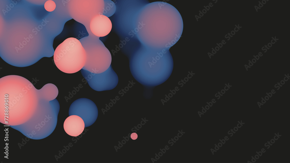 Poster abstract 3d fluid metaball shape with violet balls. synthwave liquid pastel organic droplets with gr