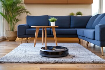 Robotic vacuum cleaner in cozy living room with blue sofa and wooden table
