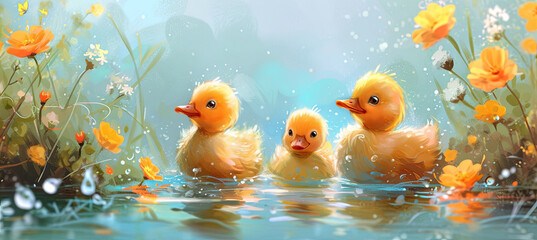 little yellow ducks illustration - obrazy, fototapety, plakaty