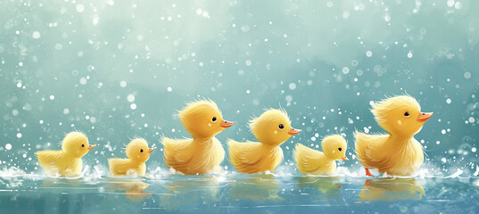 little yellow ducks on the blue background, spring time - obrazy, fototapety, plakaty