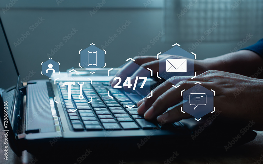 Poster online technical support client assistance help and customer service 24/7 nonstop concept. digital c