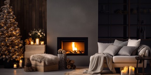 Stylish living room with beautiful nighttime fireplace and festive decorations.
