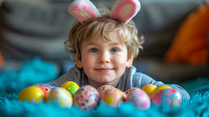 Fototapeta na wymiar Little boy with Bunny Ears with Easter Eggs, holiday, home