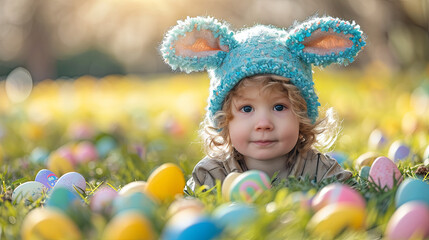 Fototapeta na wymiar Little boy with Bunny Ears with Easter Eggs, holiday, eggs hunt
