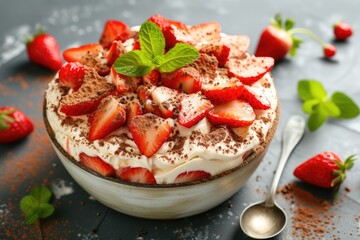 Summer dessert traditional tiramisu adorned with mint and strawberries