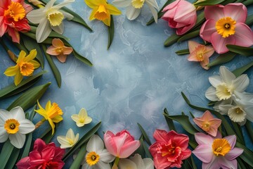 Stunning floral arrangement featuring vibrant narcissus and tulip flowers on an aesthetic backdrop