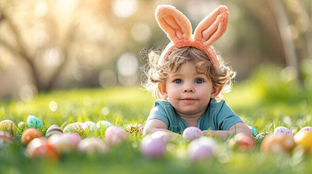 Little boy with Bunny Ears with Easter Eggs, holiday, grass background