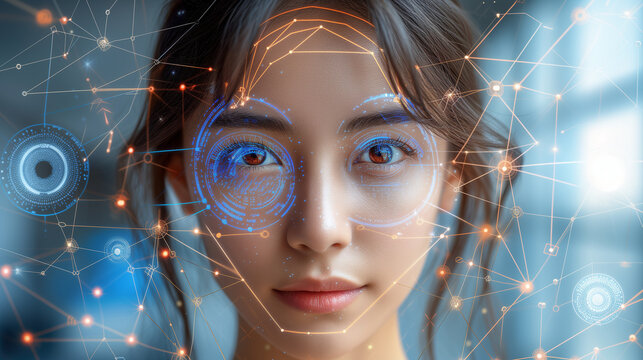 An Asian female model showcasing facial recognition technology with network pattern on her skin