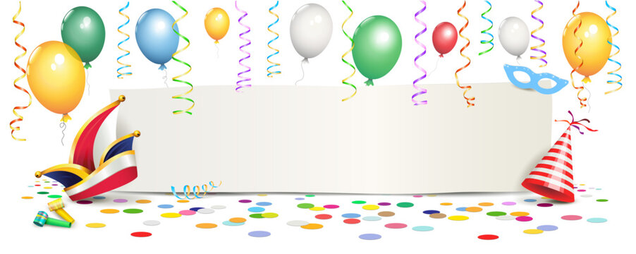 Karneval Banner Plakat mit blanko Karte, Faschingshut, Luftballons, Konfetti, Tröten, Luftschlangen und Maskenbrille,
Vektor Illustration isoliert auf weißem Hintergrund
