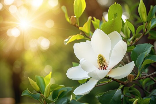 Stunning white magnolia blooms under summer or spring sunlight showcasing its beauty in a garden with lush greenery Southern magnolia tree