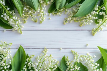 Spring nature background with lily of the valley flowers on white wooden background Wide angle web banner with copy space