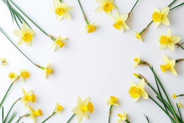 Spring greeting card invitation or banner with a beautiful minimalistic layout Yellow daffodils and space for text on a white background Simple fla © LimeSky