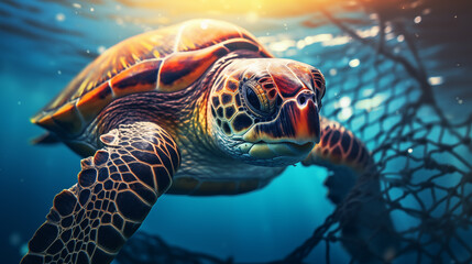 Fototapeta premium Turtle swimming in polluted sea
