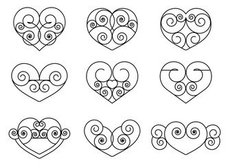 Hearts made of lines and swirls. Black geometric hearts. Heart forms. Individual elements on a white background. Design for wedding invitation, Valentine's Day or another occasion. Vector illustration