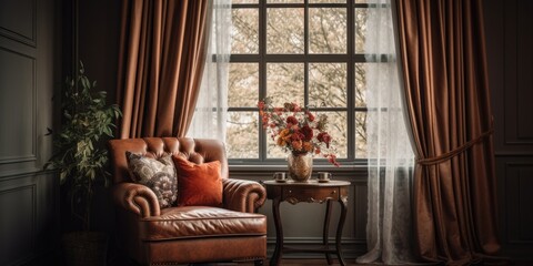 Fototapeta premium Cozy seating by window with classy curtains in the room.