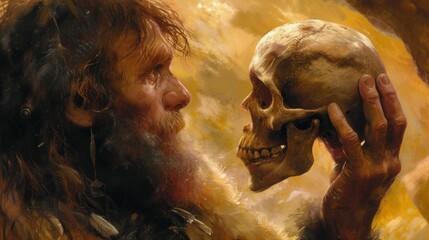 caveman holding a real human skull