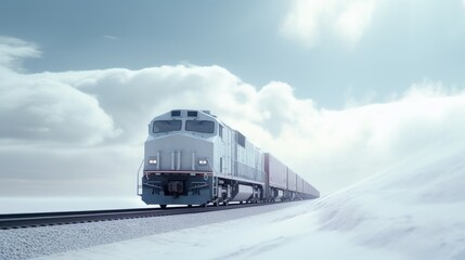 Generative AI image of freight train moving on the side in white open minimalistic environment - obrazy, fototapety, plakaty