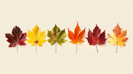 sequence of artfully arranged leaves, in various stages of autumn transition, is set against a plain background, showcasing the gradual change of seasons