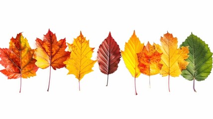 gradual change of seasons is showcased by a sequence of artfully arranged leaves in various stages of autumn transition, set against a plain background