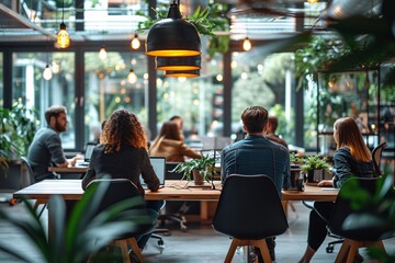 A group of stylishly dressed people sit at a table inside a co-working space, surrounded by a houseplants, as they enjoy a work and conversation tog