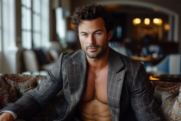 Male model with sports athletic build body, unbuttoned jacket, shirt, muscular macho - obrazy, fototapety, plakaty