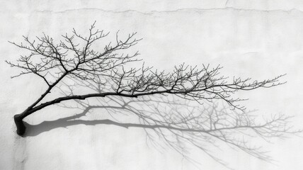 bare tree branch casting a shadow on a plain, light-colored wall, capturing the essence of autumn