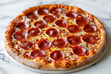 A mouth-watering californiastyle pizza topped with savory pepperoni and gooey cheese sits on a sleek marble surface, tempting with its rich aroma and promising a delicious bite of italian comfort foo