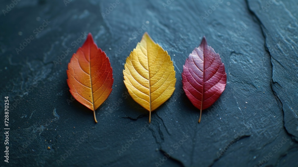 Wall mural trio of petite autumn leaves, each boasting a unique hue, is artfully displayed against a stark, matte black backdrop, creating a striking visual contrast