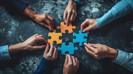 Horizontal image of team build a puzzle on dark blue background - Powered by Adobe