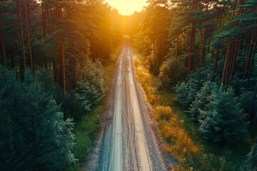 Horizontal top view image of a road in the forest at sunset. For LinkedIn, profile in social media, summer vacation, road trip, banner, design