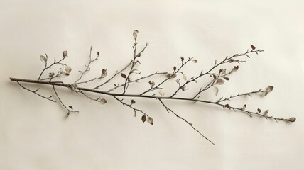 delicate interplay of fine, twiggy branches bearing a few leaves, situated against a soft, neutral background