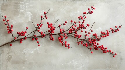 elegant branch of red berries positioned on a smooth, light gray background, emphasizing minimalism in fall decor - obrazy, fototapety, plakaty