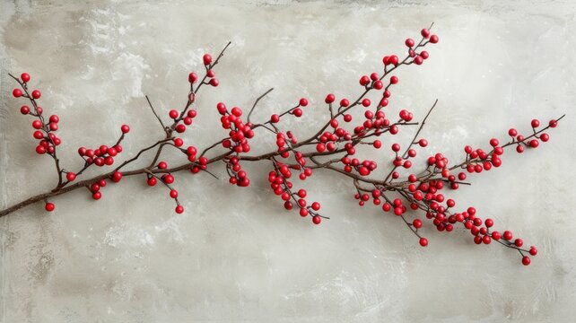 elegant branch of red berries positioned on a smooth, light gray background, emphasizing minimalism in fall decor