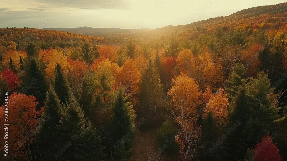 Poster forest in autumn, showcasing the patchwork of colors from the treetops in warm sunlight