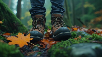 leather boots and the fallen maple leaf are both symbols of autumn. 