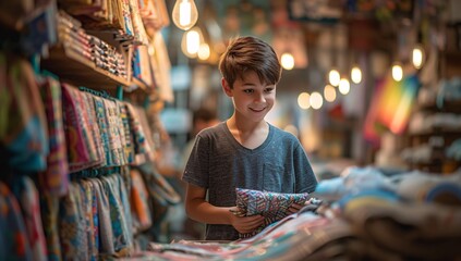 In a bustling street market, a young boy stands in a clothing store, surrounded by shelves of books and a woman selling items, his human face reflecting curiosity and wonder at the indoor world aroun