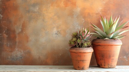 pair of simple clay pots with a few fall succulents, set against a plain, textured wall, blending indoor coziness with autumn vibes