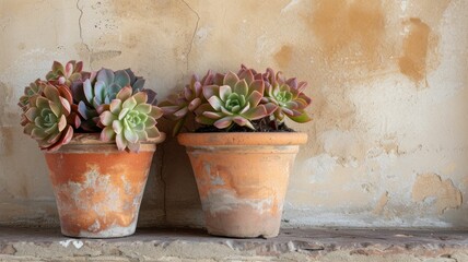 Nestled against a plain, textured wall, a pair of simple clay pots, housing a few fall succulents, effortlessly combine indoor coziness with the essence of autumn